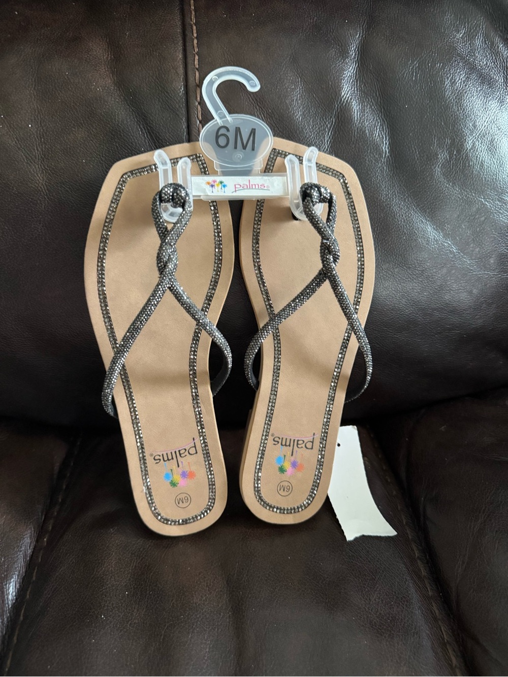 Palms Women's Tan Sandals with Black Sparkle Straps - Size 6M